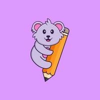 Cute koala holding a pencil. Animal cartoon concept isolated. Can used for t-shirt, greeting card, invitation card or mascot. Flat Cartoon Style vector