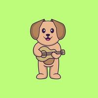 Cute dog playing guitar. Animal cartoon concept isolated. Can used for t-shirt, greeting card, invitation card or mascot. Flat Cartoon Style vector