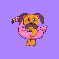 lindo perro con boya flamingo. aislado concepto de dibujos animados de animales. Puede utilizarse para camiseta, tarjeta de felicitación, tarjeta de invitación o mascota. estilo de dibujos animados plana vector