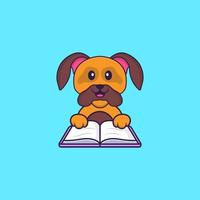 Cute dog reading a book. Animal cartoon concept isolated. Can used for t-shirt, greeting card, invitation card or mascot. Flat Cartoon Style vector