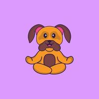 Cute dog is meditating or doing yoga. Animal cartoon concept isolated. Can used for t-shirt, greeting card, invitation card or mascot. Flat Cartoon Style vector