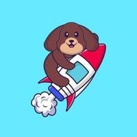 Cute dog flying on rocket. Animal cartoon concept isolated. Can used for t-shirt, greeting card, invitation card or mascot. Flat Cartoon Style vector