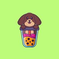 lindo perro bebiendo té con leche de boba. aislado concepto de dibujos animados de animales. Puede utilizarse para camiseta, tarjeta de felicitación, tarjeta de invitación o mascota. estilo de dibujos animados plana vector