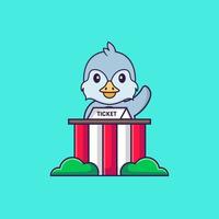 Cute bird is being a ticket keeper. Animal cartoon concept isolated. Can used for t-shirt, greeting card, invitation card or mascot. Flat Cartoon Style vector