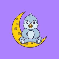 Cute bird is sitting on the moon. Animal cartoon concept isolated. Can used for t-shirt, greeting card, invitation card or mascot. Flat Cartoon Style vector