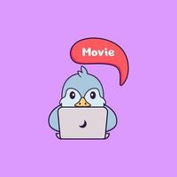 Cute bird is watching a movie. Animal cartoon concept isolated. Can used for t-shirt, greeting card, invitation card or mascot. Flat Cartoon Style vector