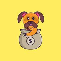 lindo perro en una bolsa de dinero. aislado concepto de dibujos animados de animales. Puede utilizarse para camiseta, tarjeta de felicitación, tarjeta de invitación o mascota. estilo de dibujos animados plana vector