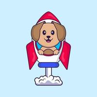 Cute dog flying on rocket. Animal cartoon concept isolated. Can used for t-shirt, greeting card, invitation card or mascot. Flat Cartoon Style vector