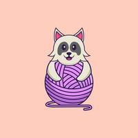 Cute dog playing with wool yarn. Animal cartoon concept isolated. Can used for t-shirt, greeting card, invitation card or mascot. Flat Cartoon Style vector