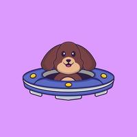 lindo perro conduciendo nave espacial ovni. aislado concepto de dibujos animados de animales. Puede utilizarse para camiseta, tarjeta de felicitación, tarjeta de invitación o mascota. estilo de dibujos animados plana vector