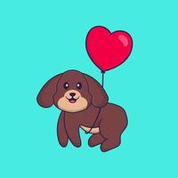 lindo perro volando con globos en forma de amor. aislado concepto de dibujos animados de animales. Puede utilizarse para camiseta, tarjeta de felicitación, tarjeta de invitación o mascota. estilo de dibujos animados plana vector