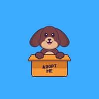 Cute dog in box with a poster Adopt me. Animal cartoon concept isolated. Can used for t-shirt, greeting card, invitation card or mascot. Flat Cartoon Style vector