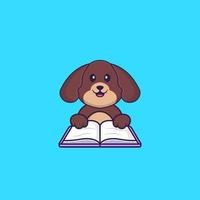 Cute dog reading a book. Animal cartoon concept isolated. Can used for t-shirt, greeting card, invitation card or mascot. Flat Cartoon Style vector