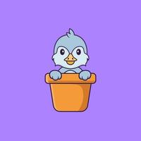 Cute bird in a flower vase. Animal cartoon concept isolated. Can used for t-shirt, greeting card, invitation card or mascot. Flat Cartoon Style vector