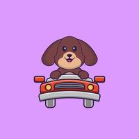 Cute dog is driving. Animal cartoon concept isolated. Can used for t-shirt, greeting card, invitation card or mascot. Flat Cartoon Style vector