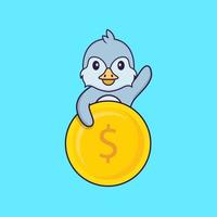 Cute bird holding coin. Animal cartoon concept isolated. Can used for t-shirt, greeting card, invitation card or mascot. Flat Cartoon Style vector