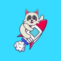 Cute dog flying on rocket. Animal cartoon concept isolated. Can used for t-shirt, greeting card, invitation card or mascot. Flat Cartoon Style vector