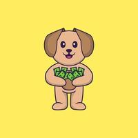 Cute dog holding money. Animal cartoon concept isolated. Can used for t-shirt, greeting card, invitation card or mascot. Flat Cartoon Style vector