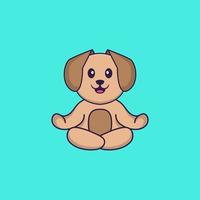 Cute dog is meditating or doing yoga. Animal cartoon concept isolated. Can used for t-shirt, greeting card, invitation card or mascot. Flat Cartoon Style vector