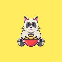 Cute dog eating ramen noodles. Animal cartoon concept isolated. Can used for t-shirt, greeting card, invitation card or mascot. Flat Cartoon Style vector