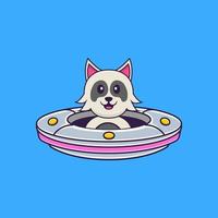 lindo perro conduciendo nave espacial ovni. aislado concepto de dibujos animados de animales. Puede utilizarse para camiseta, tarjeta de felicitación, tarjeta de invitación o mascota. estilo de dibujos animados plana vector