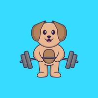 Cute dog lifts the barbell. Animal cartoon concept isolated. Can used for t-shirt, greeting card, invitation card or mascot. Flat Cartoon Style vector