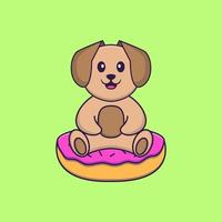 Cute dog is sitting on donuts. Animal cartoon concept isolated. Can used for t-shirt, greeting card, invitation card or mascot. Flat Cartoon Style vector