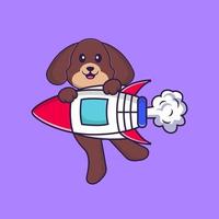 Cute dog flying on rocket. Animal cartoon concept isolated. Can used for t-shirt, greeting card, invitation card or mascot. Flat Cartoon Style vector