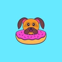 Cute dog with a donut on his neck. Animal cartoon concept isolated. Can used for t-shirt, greeting card, invitation card or mascot. Flat Cartoon Style vector