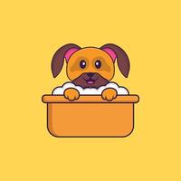 Cute dog taking a bath in the bathtub. Animal cartoon concept isolated. Can used for t-shirt, greeting card, invitation card or mascot. Flat Cartoon Style vector