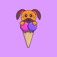 lindo perro con helado dulce. aislado concepto de dibujos animados de animales. Puede utilizarse para camiseta, tarjeta de felicitación, tarjeta de invitación o mascota. estilo de dibujos animados plana vector