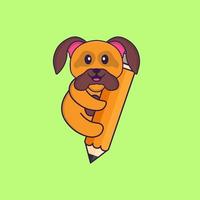 Cute dog holding a pencil. Animal cartoon concept isolated. Can used for t-shirt, greeting card, invitation card or mascot. Flat Cartoon Style vector