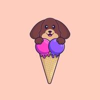 lindo perro con helado dulce. aislado concepto de dibujos animados de animales. Puede utilizarse para camiseta, tarjeta de felicitación, tarjeta de invitación o mascota. estilo de dibujos animados plana vector