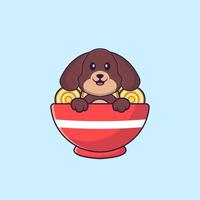 lindo perro comiendo fideos ramen. aislado concepto de dibujos animados de animales. Puede utilizarse para camiseta, tarjeta de felicitación, tarjeta de invitación o mascota. estilo de dibujos animados plana vector