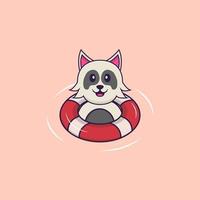 Cute dog is Swimming with a buoy. Animal cartoon concept isolated. Can used for t-shirt, greeting card, invitation card or mascot. Flat Cartoon Style vector