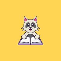 Cute dog reading a book. Animal cartoon concept isolated. Can used for t-shirt, greeting card, invitation card or mascot. Flat Cartoon Style vector