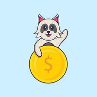 Cute dog holding coin. Animal cartoon concept isolated. Can used for t-shirt, greeting card, invitation card or mascot. Flat Cartoon Style vector