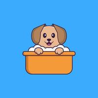 Cute dog taking a bath in the bathtub. Animal cartoon concept isolated. Can used for t-shirt, greeting card, invitation card or mascot. Flat Cartoon Style vector