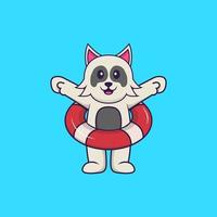 Cute dog using a float. Animal cartoon concept isolated. Can used for t-shirt, greeting card, invitation card or mascot. Flat Cartoon Style vector