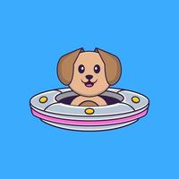 Cute dog Driving Spaceship Ufo. Animal cartoon concept isolated. Can used for t-shirt, greeting card, invitation card or mascot. Flat Cartoon Style vector