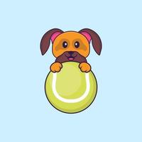 lindo perro jugando al tenis. aislado concepto de dibujos animados de animales. Puede utilizarse para camiseta, tarjeta de felicitación, tarjeta de invitación o mascota. estilo de dibujos animados plana vector