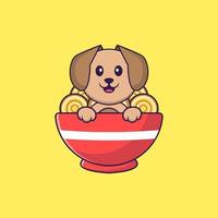 Cute dog eating ramen noodles. Animal cartoon concept isolated. Can used for t-shirt, greeting card, invitation card or mascot. Flat Cartoon Style vector