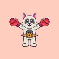 lindo perro disfrazado de boxeador con cinturón de campeón. aislado concepto de dibujos animados de animales. Puede utilizarse para camiseta, tarjeta de felicitación, tarjeta de invitación o mascota. estilo de dibujos animados plana