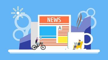 Business man reading newspaper with cup of coffee background. man rides on bicycle with news headline concept. Flay Tiny People Character. landing page design template Vector Illustration.