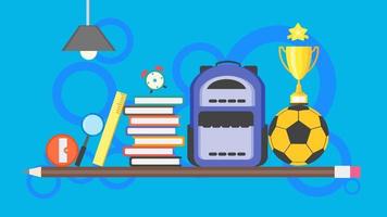 Back to school poster background. learning banner concept with backpack, pile of books, soccer ball, pencil, trophy, ruler, and education item. flat design vector illustration.