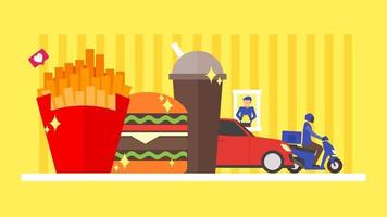 concepto de comida rápida. entrega y pedido para llevar. hamburguesa, hamburguesa, comida, papas fritas, ilustración de soda. fondo de diseño plano. Ilustración de vector de personaje de gente pequeña.