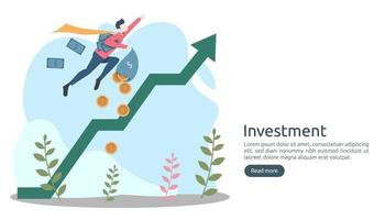 concepto de inversión empresarial. Moneda de pila de dólares, gente pequeña, objeto de dinero. aumento de gráfico gráfico. crecimiento financiero que conduce al éxito. Ilustración de vector de plantilla de página de destino de diseño plano moderno