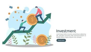 Business investment concept. dollar pile coin, tiny people, money object. graphic chart increase. Financial growth rising up to success. modern flat design landing page template vector illustration