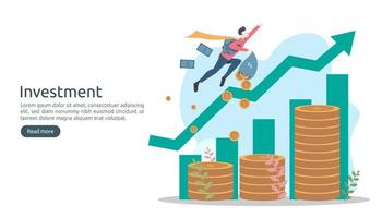 concepto de inversión empresarial. Moneda de pila de dólares, gente pequeña, objeto de dinero. aumento de gráfico gráfico. crecimiento financiero que conduce al éxito. Ilustración de vector de plantilla de página de destino de diseño plano moderno