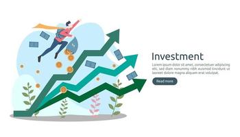 Business investment concept. dollar pile coin, tiny people, money object. graphic chart increase. Financial growth rising up to success. modern flat design landing page template vector illustration